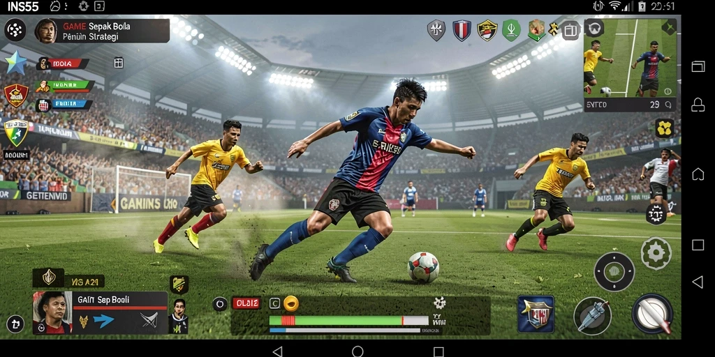Screenshot menunjukkan aksi seru dalam permainan sepak bola INS55.