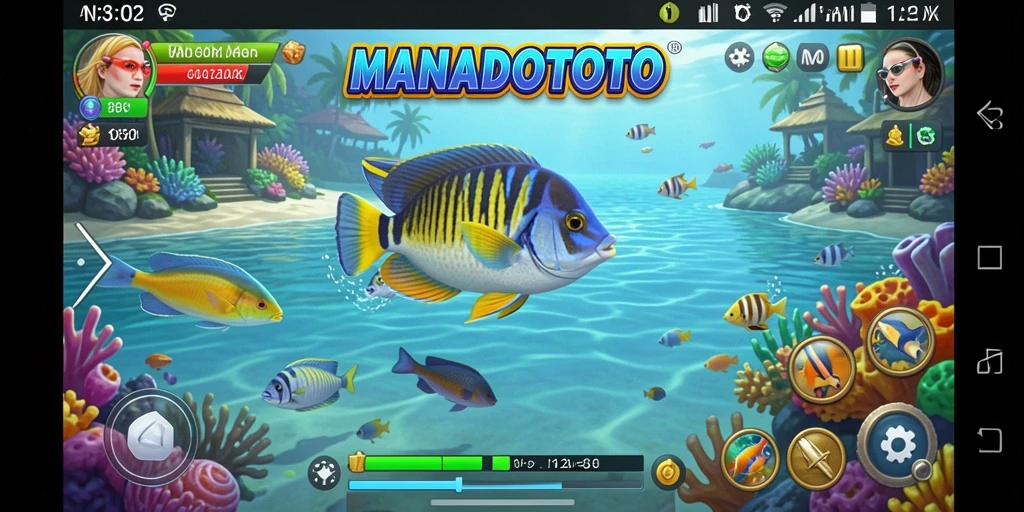 Tangkapan layar gameplay MANADOTOTO menampilkan aksi menembak ikan yang seru.
