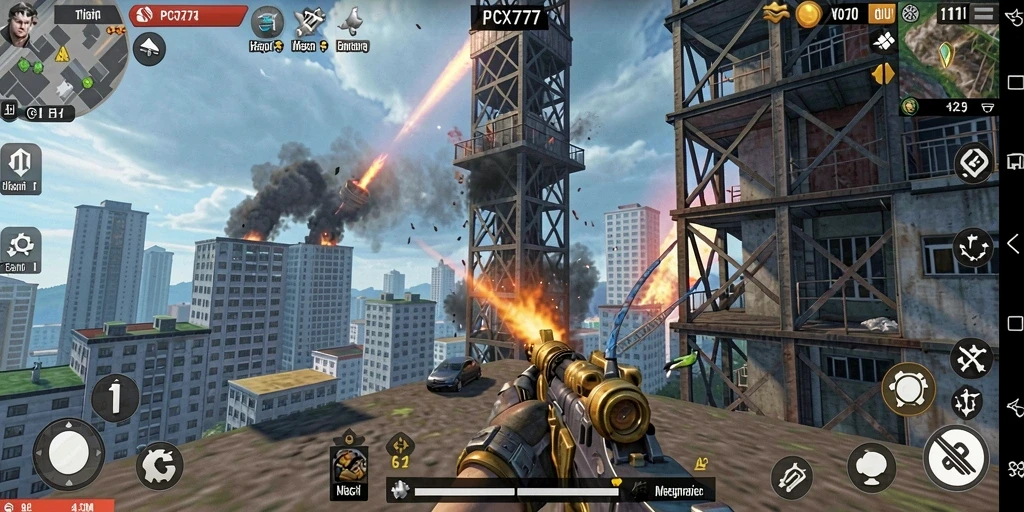 Screenshot gameplay PCX777 menampilkan menara bertahan melawan gelombang musuh.
