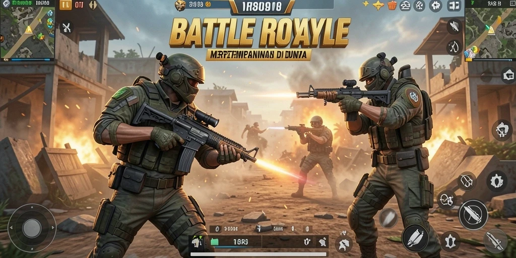Screenshot gameplay RI889 yang menampilkan pertempuran seru di arena Battle Royale.