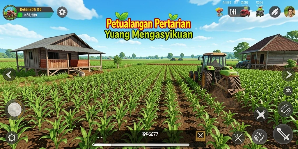 Tampilan gameplay RP6677 dengan kebun yang indah dan hewan peliharaan.