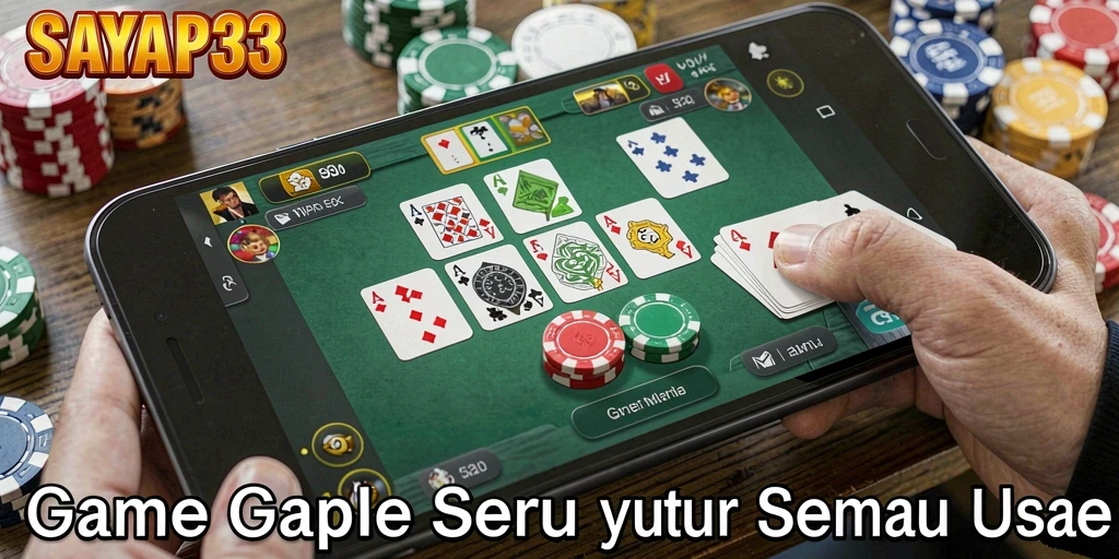 Screenshot utama SAYAP33 menunjukkan keseruan gameplay Gaple yang mendebarkan.