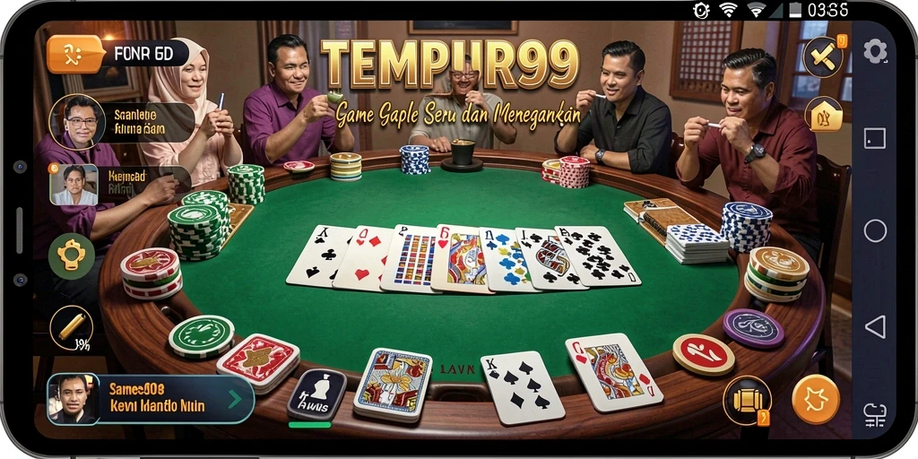 Screenshot utama TEMPUR99 menampilkan aksi seru selama permainan Gaple.