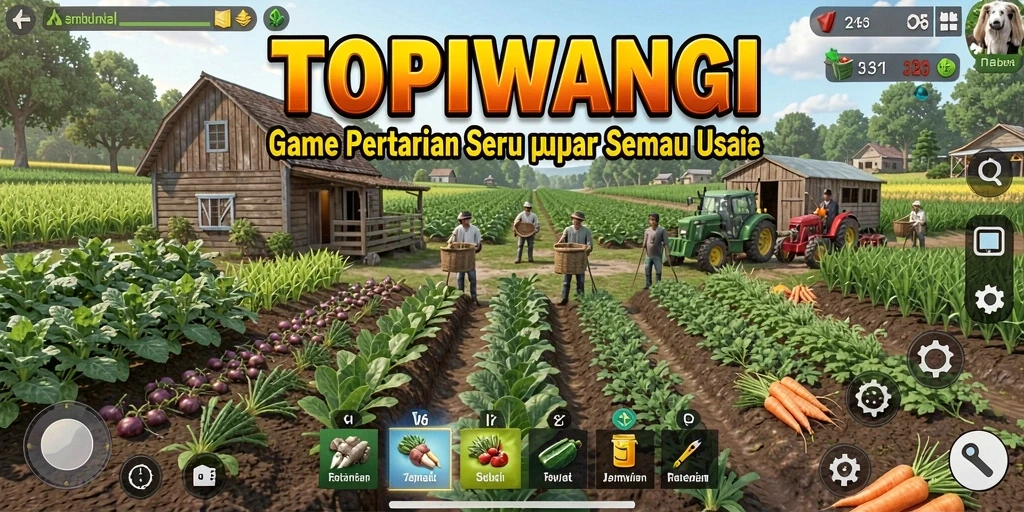 Tangkapan layar gameplay TOPIWANGI yang menampilkan ladang yang subur dan hewan ternak.