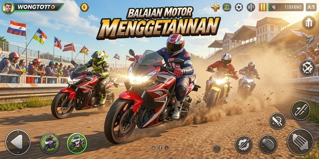 Gameplay WONGTOTO menampilkan balapan motor yang mendebarkan.